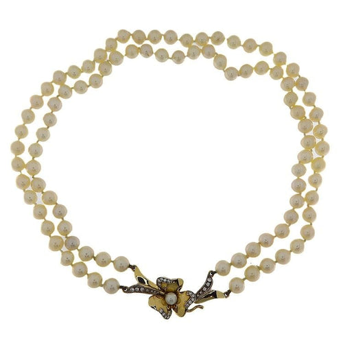 Collier Collier en or jaune, blanc et diamants avec deux rangs de perles Akoya 58 Facettes G3713