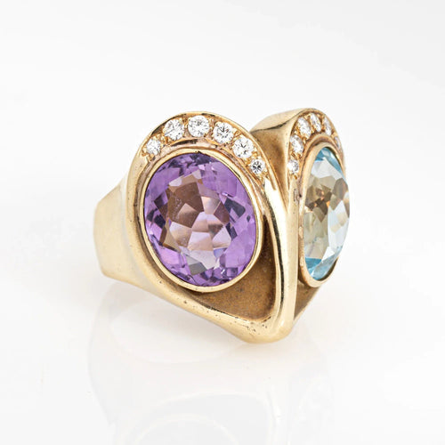 Bague Bague hibou vintage en or jaune 14 carats avec améthyste, topaze bleue et diamant, taille 6, bande large 58 Facettes G13155