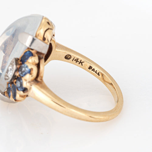 Bague rétro vintage en or 14 carats palladium, pierre de lune, saphir et diamant, taille 6,25, années 1940