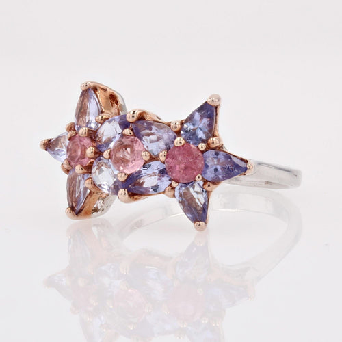Bague 56 Bague fleurs tanzanites et saphirs roses 58 Facettes 24-055