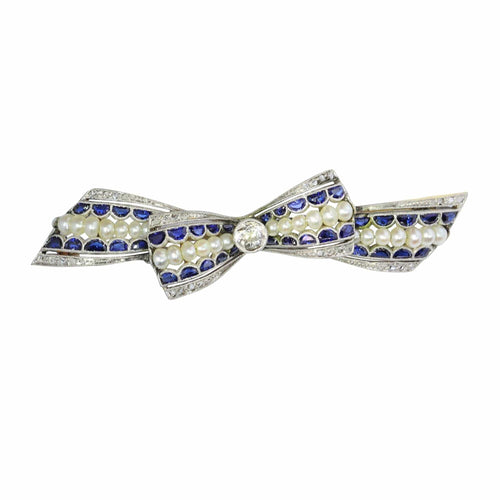 Broche Broche nœud vintage des années 1910 en saphirs et perles – Belle Époque Grace 58 Facettes 25191-0322
