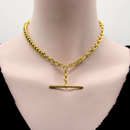 Montre Collier chaîne de montre de poche victorienne en or 14 carats avec barre en T 58 Facettes