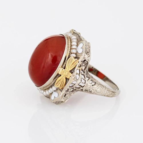 Bague 52.5 vintage Art Déco Cornaline Bague Filigrane Coeur Émail Graine Perle 58 Facettes G12334