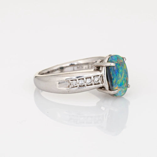 Bague Bague en platine avec opale semi-noire naturelle de 1,20 ct et diamant, taille 6, bijoux raffinés 58 Facettes G11996
