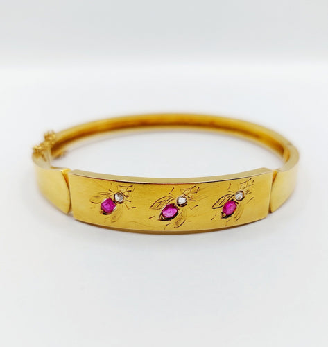Bracelet Bracelet jonc antique or jaune décoré d'abeilles orné de rubis et de diamants taille roses (circa 1890) 58 Facettes A04772