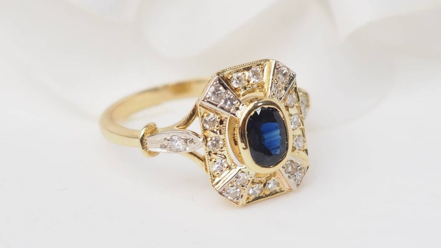 Bague 54 Bague vintage en or jaune, saphir et diamants ovale 58 Facettes 32962