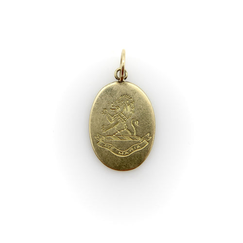 Pendentif victorien en or 18 carats gravé à la main avec un lion et l'Ave Maria