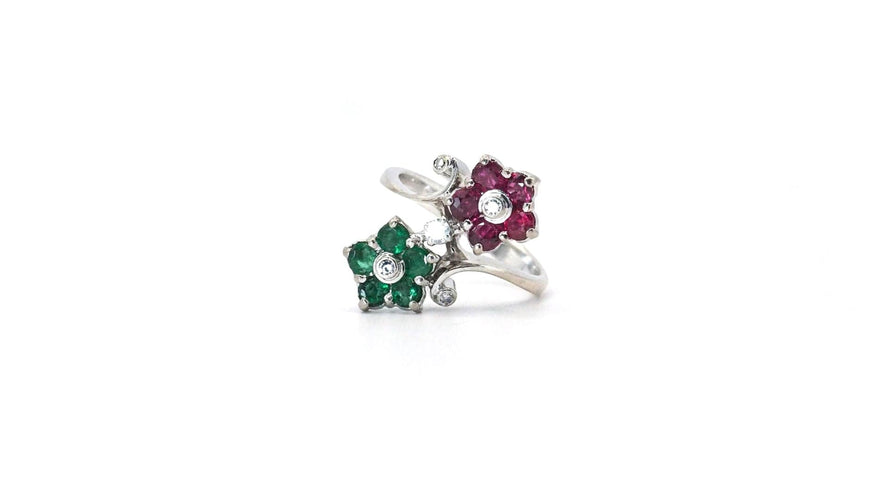 Bague 53 Bague fleurs or blanc rubis émeraudes 58 Facettes 5196