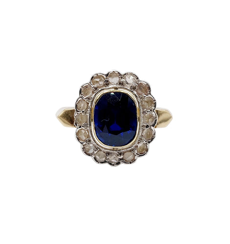 Bague 60 Bague pompadour Art Déco or et platine, saphir synthétique de 3,00 carats, diamants taille rose (circa 1920) 58 Facettes A04827