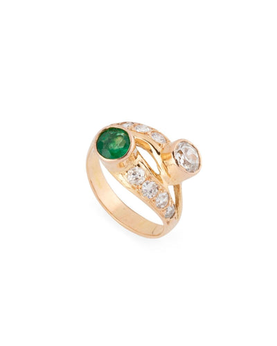 Bague 50 Bague toi et moi, or jaune, émeraude et diamants 58 Facettes