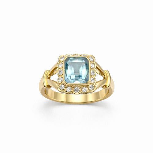 Bague 57 Bague en or jaune avec aigue-marine naturelle et diamants 58 Facettes 50381