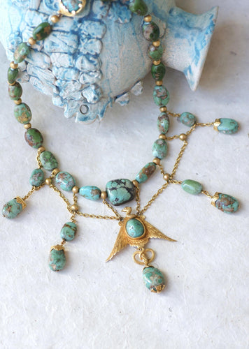 Collier Collier Ancien Néo-Égyptien Or Jaune et Turquoises 58 Facettes