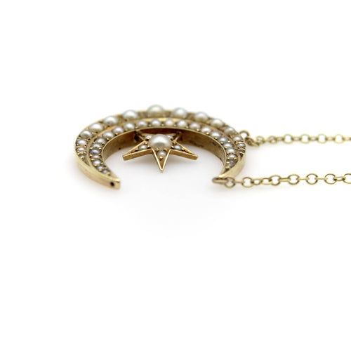 Collier Pendentif victorien en or 14 carats avec croissant de lune et étoile et chaîne en or 9 carats 58 Facettes A2004I