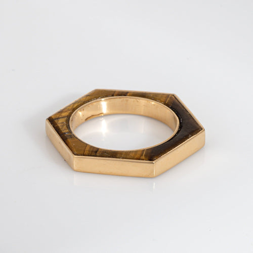 Bague Bague hexagonale taille 5,5, incrustée d'œil de tigre, or jaune 18 carats, anneau empilable, Estate 58 Facettes G13888