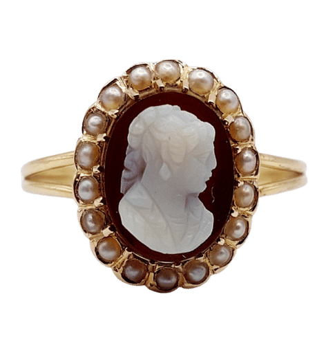 Bague 55.5 Bague marquise or jaune, camée sur agate, perles (circa 1900) 58 Facettes A04862