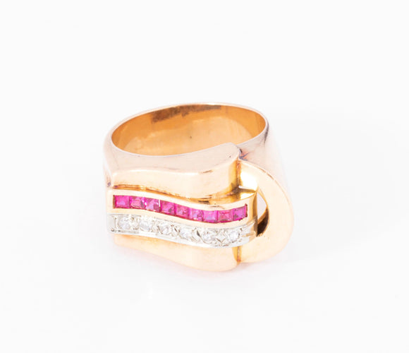 Bague 51 Bague tank en or rose,diamant et rubis  de synthèses 58 Facettes