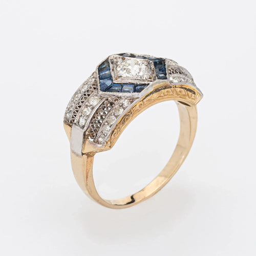Bague 52 Bague Art déco vintage en or 18 carats avec diamants et saphirs, bande en platine, bijoux de succession 58 Facettes G11390