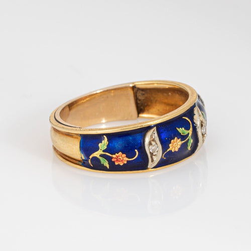 Bague Bague vintage en or jaune 18 carats avec fleur en émail, taille 6,25, bande de diamants, bijoux fins 58 Facettes G13900