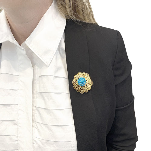 Broche Clip vintage Cartier, or jaune et turquoises. 58 Facettes 33462