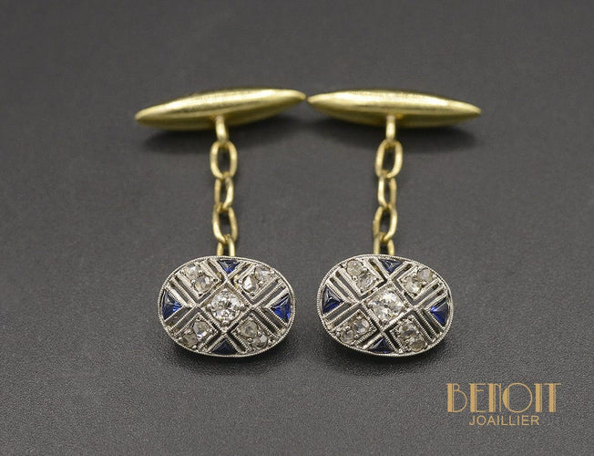 Boutons de manchette Boutons de Manchettes Art Déco Saphirs Diamants 58 Facettes A10586