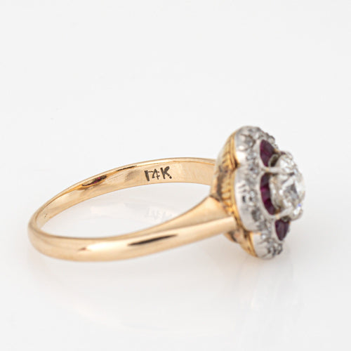 Bague 50.5 Bague de fiançailles ancienne de style édouardien, sertie d'un diamant et d'un rubis, en or 14 carats et platine, taille 5,5. 58 Facettes G14142