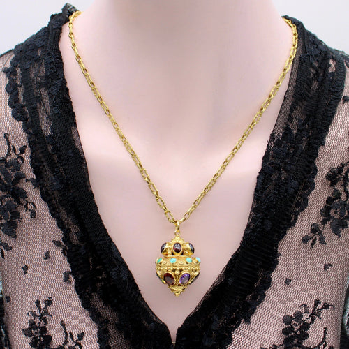 Pendentif breloque lanterne extra large de style néo-étrusque en or avec bijoux incrustés 58 Facettes