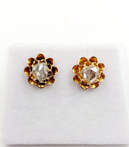 Puces d'oreilles antique or rose 18k fleurs et diamants taille roses (circa 1880 58 Facettes A06248