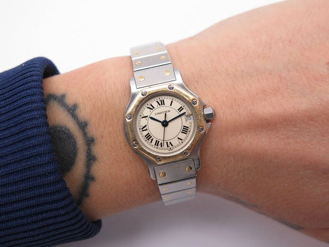 Montre vintage montre CARTIER santos octogonale 187903 or & acier 25 mm quartz 58 Facettes 266861