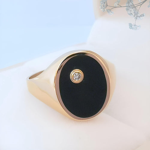 Bague 58.5 Bague Chevalière Mixte Onyx Noir et Diamant en or jaune 18 K 58 Facettes AA 1743