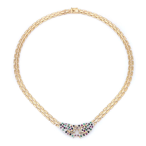 Collier Collier Double léopard en pierres précieuses, Vintage, or 14 carats, 15 pouces, ras du cou, bijoux fins pour animaux 58 Facettes G12164