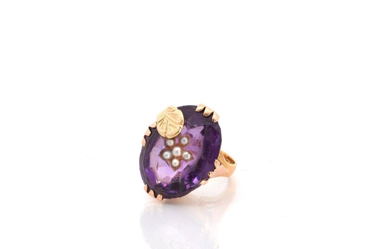 Bague ancienne améthyste et perles fines
