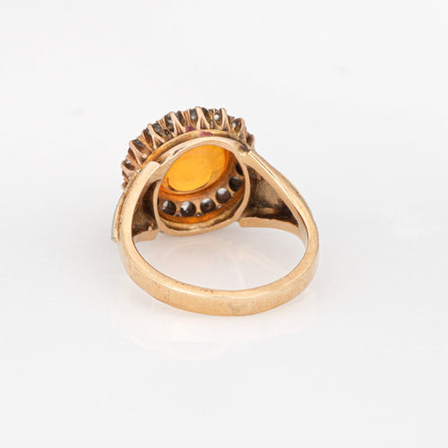 Antique Victorian Fire Opal Ring Rose Cut Diamond Cluster 14k Yellow Gold Halo 58 Facettes G14047