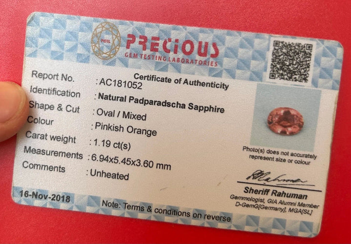 Gemstone Saphir padpardscha 1.19cts certificat PRECIOUS 58 Facettes 64