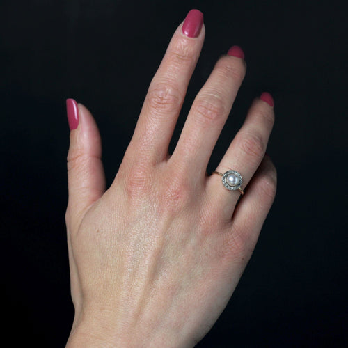 Bague 53 Bague ancienne ronde perle de culture et diamants taillés en rose 58 Facettes 24-346
