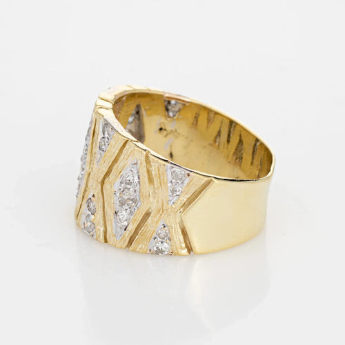 Bague Bague vintage en or jaune 14 carats avec diamants et cigares, style années 70, taille 7, large, texturée, bijoux 58 Facettes G12637