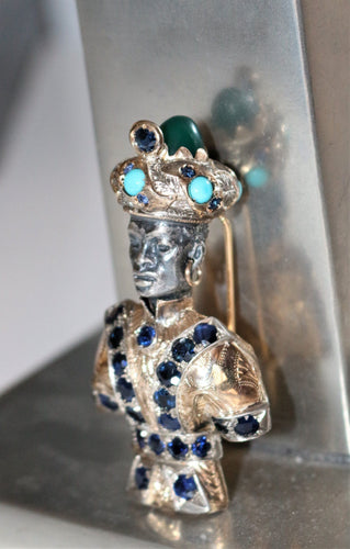 Broche Moretto Blackamoor broche or jaune 18k saphirs turquoises 58 Facettes 377