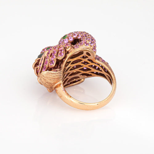 Bague Bague double flamant rose, motif oiseaux amoureux, taille 5, saphir rose, or rose 18 carats, vintage 58 Facettes G13981