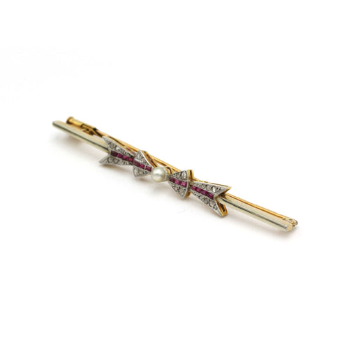 Broche Broche Art Déco Ruban - Or, Platine, Rubis, Perle et Diamants 58 Facettes 250379R
