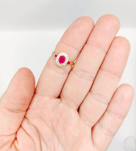 Bague 55 Bague pompadour vintage or jaune, rubis, diamants et de rubis carrés 58 Facettes A05077