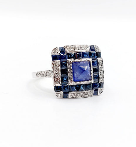 Bague Art Déco Platine, saphir pain de sucre et diamants, Branar Paris 58 Facettes A06224