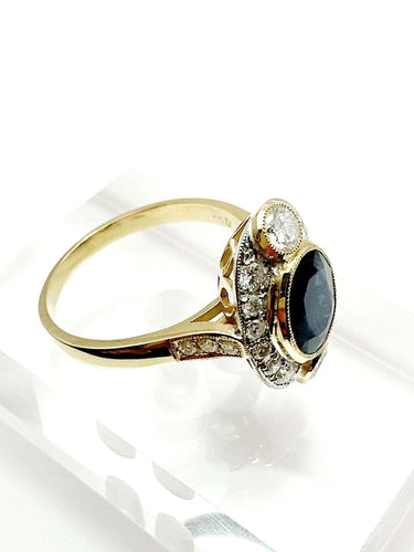 Bague 55 Bague en or jaune sertie d'un saphir bleu et de diamants, avec des accents en platine 58 Facettes 50356