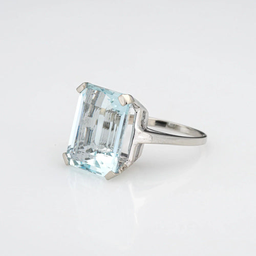 Bague Bague en or blanc 14 carats avec aigue-marine 12 carats, taille émeraude cocktail, taille 6,5, bijoux fins 58 Facettes G13435