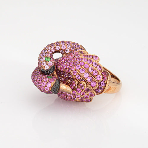 Bague Bague double flamant rose, motif oiseaux amoureux, taille 5, saphir rose, or rose 18 carats, vintage 58 Facettes G13981