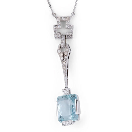 Pendentif Collier Art Déco en platine orné d'une aigue marine 58 Facettes
