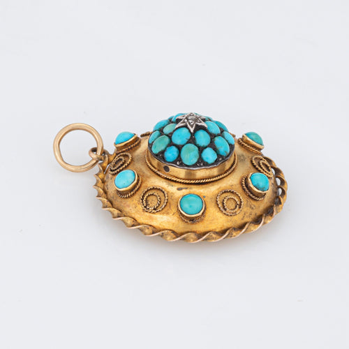 Médaillon victorien ancien en turquoise, pendentif en or jaune 14 carats et diamants, avec écrin.