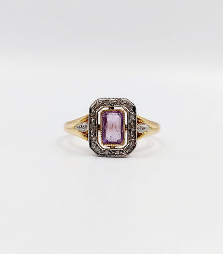Bague 55 Bague pompadour or jaune, platine, améthyste et diamants taille rose (circa 1910) 58 Facettes A05298