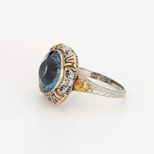 Bague Bague cocktail Art déco vintage en émail, bijoux en filigrane d'or 14 carats, pierre bleue 58 Facettes G13363