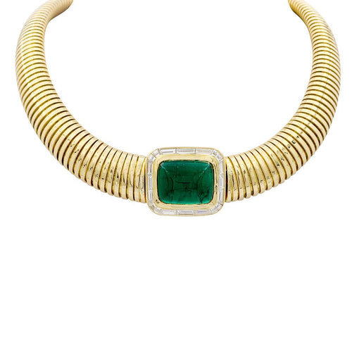 Collier Collier tubogas vintage, or jaune, émeraude, diamants. 58 Facettes 33792