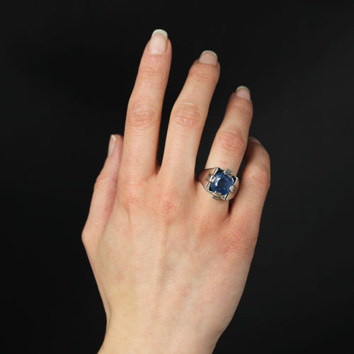 Bague 58 Chevalière Art Déco saphir de Ceylan naturel et diamants baguette 58 Facettes 24-041