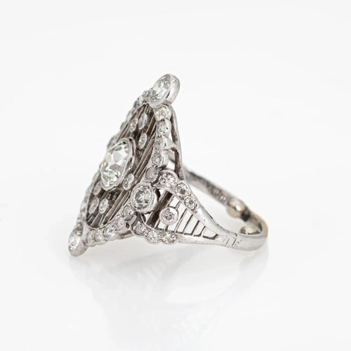 Bague Bague de cocktail en diamant édouardienne antique en platine taille 6 ovale bijoux fins 58 Facettes G13478
